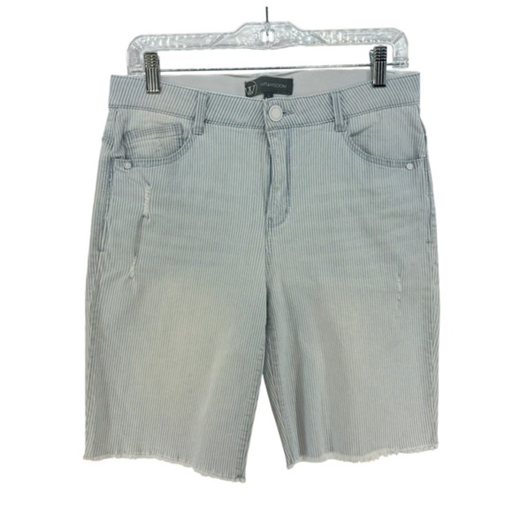 Wit & Wisdom Bermuda Shorts Womens 6 Blue Pinstripe Raw Hem Casual Summer Preppy